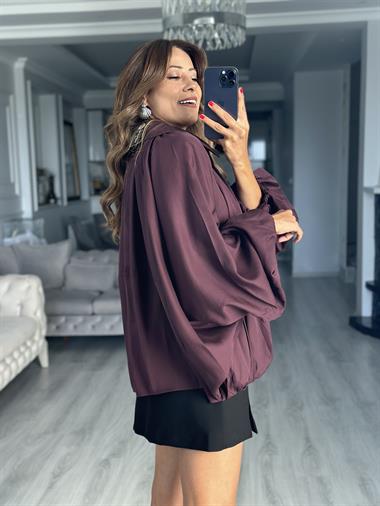 Mürdüm Yarasa Kol Fermuarlı Kadın Ceket