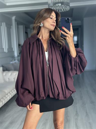 Mürdüm Yarasa Kol Fermuarlı Kadın Ceket