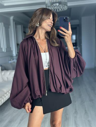 Mürdüm Yarasa Kol Fermuarlı Kadın Ceket
