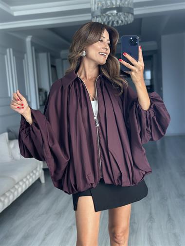 Mürdüm Yarasa Kol Fermuarlı Kadın Ceket