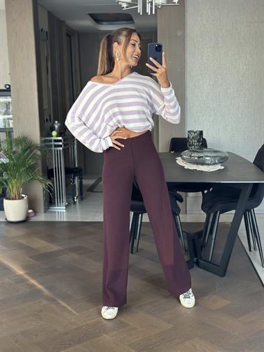 Mürdüm Yumoş Beli Lastikli Bol Paça Kadın Pantolon