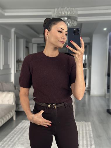 Mürdüm Yumuşak Dokulu Kısa Kol Triko Kadın Kazak