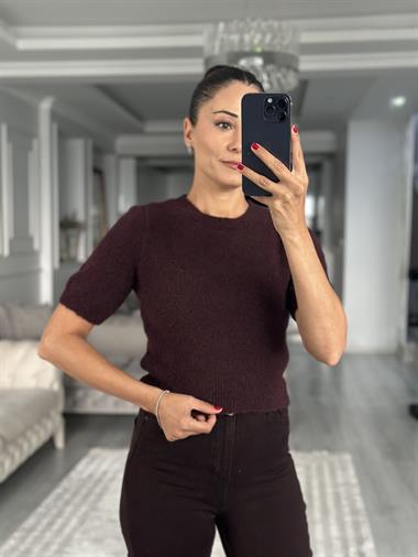 Mürdüm Yumuşak Dokulu Kısa Kol Triko Kadın Kazak
