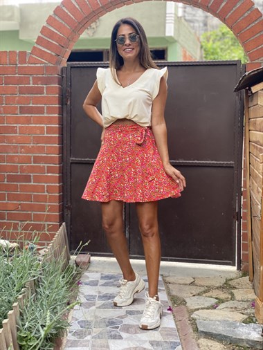 Nar Çiçeği Çıtır Desen Şortlu Kadın Etek