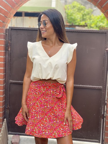 Nar Çiçeği Çıtır Desen Şortlu Kadın Etek