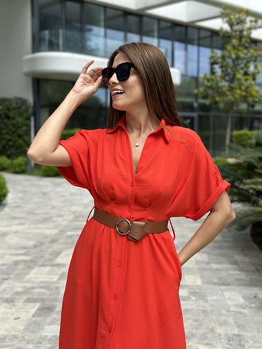 Nar Çiçeği Ön Ve Arka Pileli Kısa Kol Kemerli Kadın Gömlek Elbise