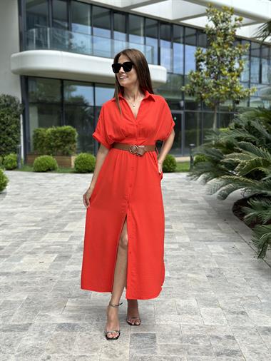 Nar Çiçeği Ön Ve Arka Pileli Kısa Kol Kemerli Kadın Gömlek Elbise