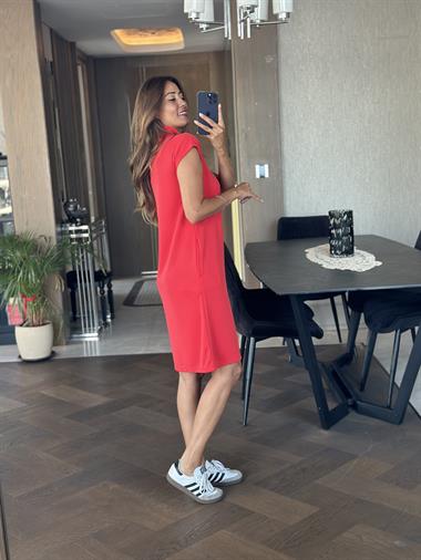 Nar Çiçeği Polo Yaka Sıfır Kol Modal Midi Boy Kadın Elbise 