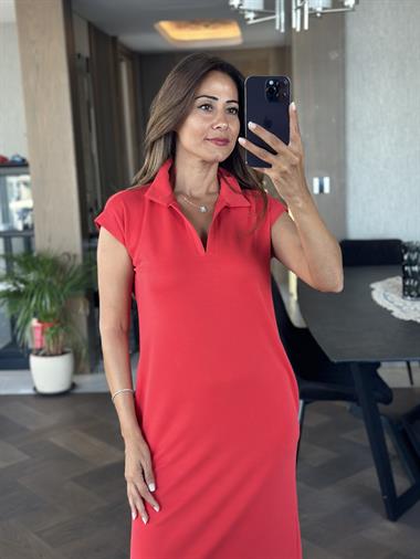 Nar Çiçeği Polo Yaka Sıfır Kol Modal Midi Boy Kadın Elbise 