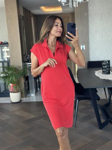 Nar Çiçeği Polo Yaka Sıfır Kol Modal Midi Boy Kadın Elbise 