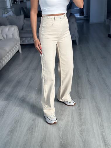 Naturel Kemeri Örgü Detay Wide Leg Kadın Jean Pantolon