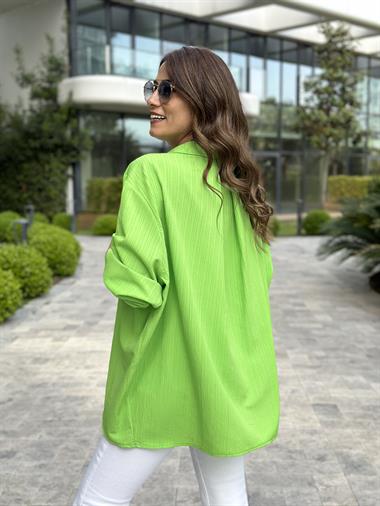 Neon Yeşil Tek Cepli Dokulu Salaş Kadın Gömlek