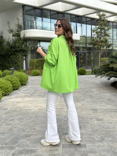 Neon Yeşil Tek Cepli Dokulu Salaş Kadın Gömlek