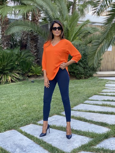 Orange Cepli V Yaka Sim Detay Kadın Bluz
