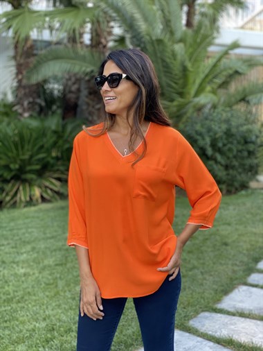 Orange Cepli V Yaka Sim Detay Kadın Bluz