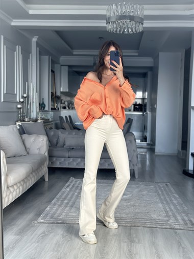 Orange Düşük Omuzlu Oversize Kadın Gömlek