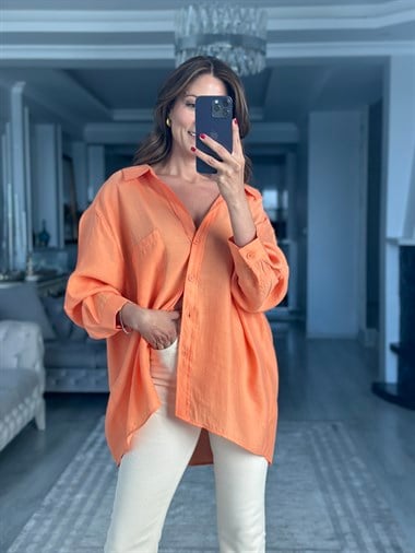 Orange Düşük Omuzlu Oversize Kadın Gömlek