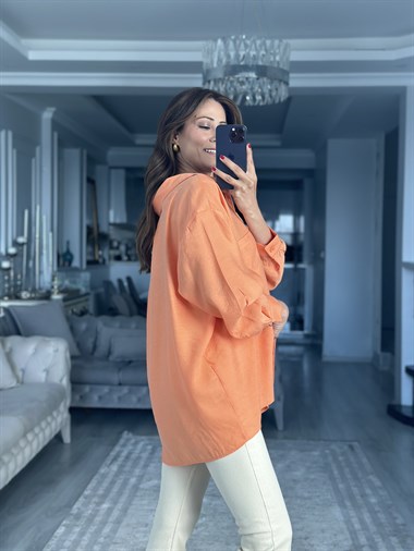 Orange Düşük Omuzlu Oversize Kadın Gömlek