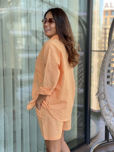 Orange Keten Gömlek Şort İkili Kadın Takım