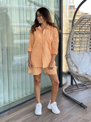 Orange Keten Gömlek Şort İkili Kadın Takım