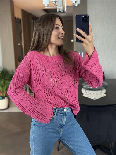 Pembe Ajurlu Geniş Kol Triko Kadın Kazak
