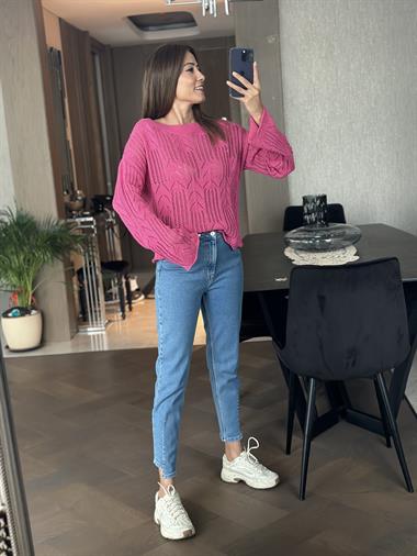 Pembe Ajurlu Geniş Kol Triko Kadın Kazak