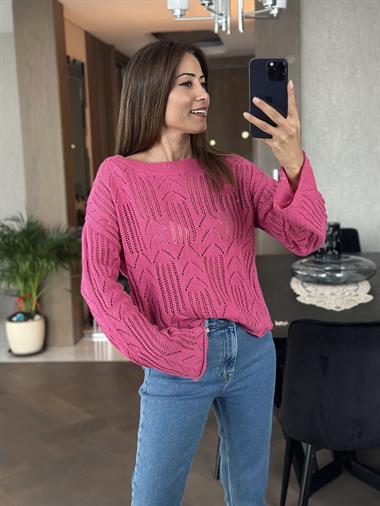 Pembe Ajurlu Geniş Kol Triko Kadın Kazak