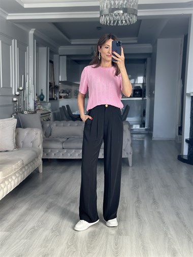 Pembe Ajurlu Kısa Kollu Kadın Bluz