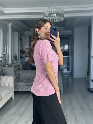 Pembe Ajurlu Kısa Kollu Kadın Bluz