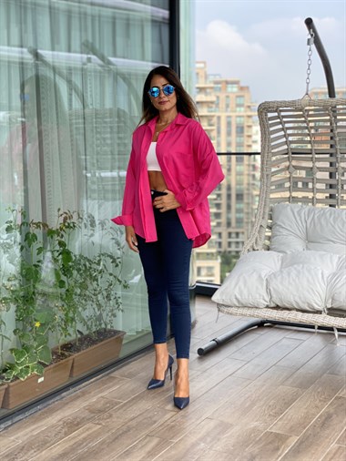 Pembe Arka Roba Örme Flam Keten Kadın Gömlek