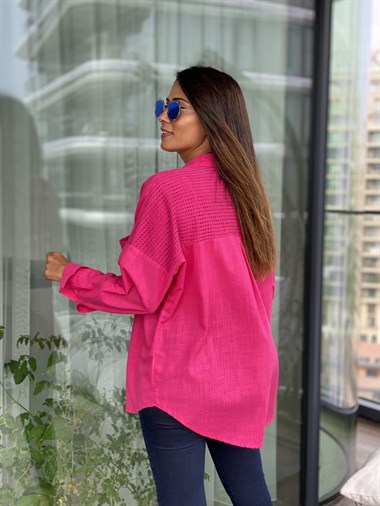 Pembe Arka Roba Örme Flam Keten Kadın Gömlek