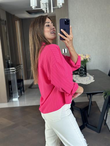 Pembe Asimetrik Tek Cepli Dokulu Kadın Gömlek