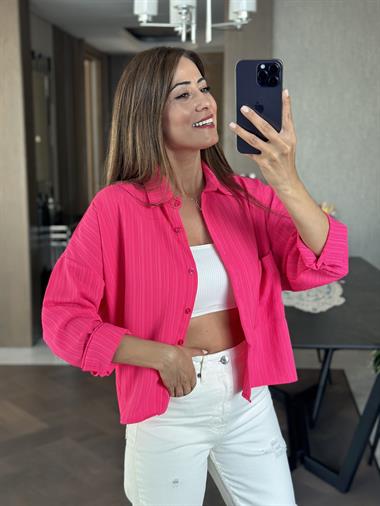Pembe Asimetrik Tek Cepli Dokulu Kadın Gömlek
