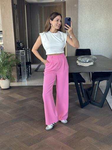 Pembe Atlas Kumaş Orjinal Marka Palazzo Kadın Pantolon