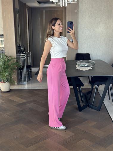 Pembe Atlas Kumaş Orjinal Marka Palazzo Kadın Pantolon