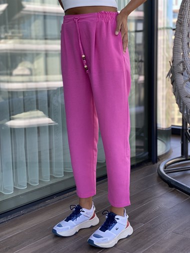 Pembe Bağcığı Boncuk Detay Cepli Keten Kadın Pantolon
