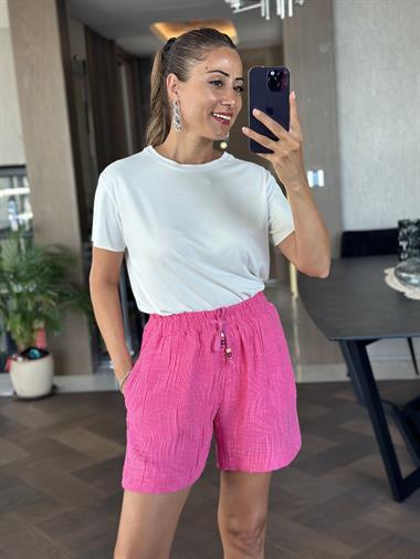 Pembe Bağcığı Boncuklu Cepli Müslin Kumaş Kadın Şort