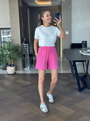 Pembe Bağcığı Boncuklu Cepli Müslin Kumaş Kadın Şort