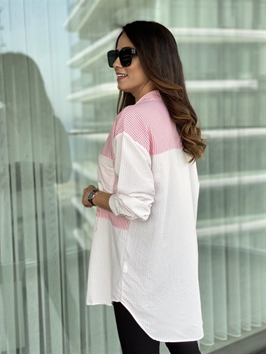 Pembe Beyaz Çizgili Oversize Gömlek