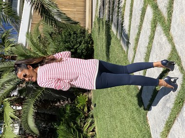 Pembe Beyaz Çizgili V Yaka Merserize Kadın Bluz