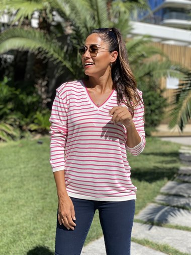 Pembe Beyaz Çizgili V Yaka Merserize Kadın Bluz