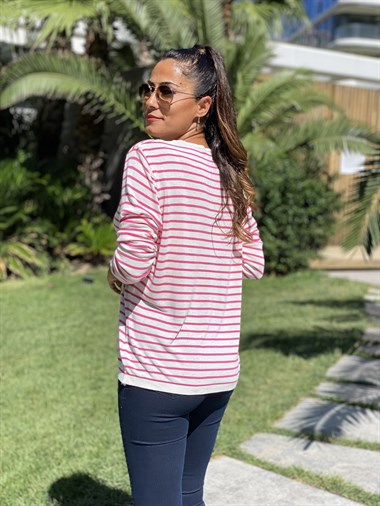 Pembe Beyaz Çizgili V Yaka Merserize Kadın Bluz
