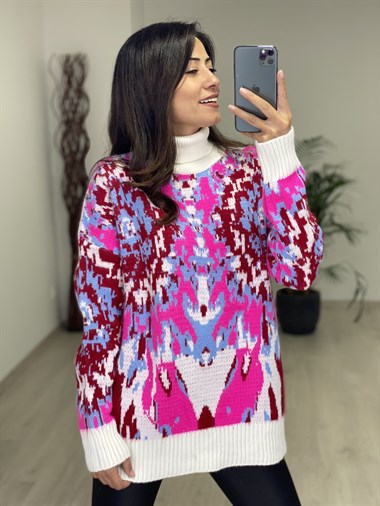 Pembe Beyaz Desenli Balıkçı Kadın Kazak