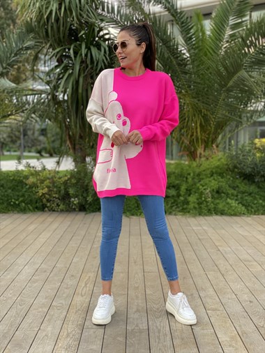 Pembe Bisiklet Yaka Ayıcık Detay Triko Kadın Kazak