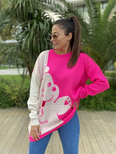 Pembe Bisiklet Yaka Ayıcık Detay Triko Kadın Kazak