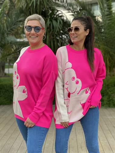 Pembe Bisiklet Yaka Ayıcık Detay Triko Kadın Kazak