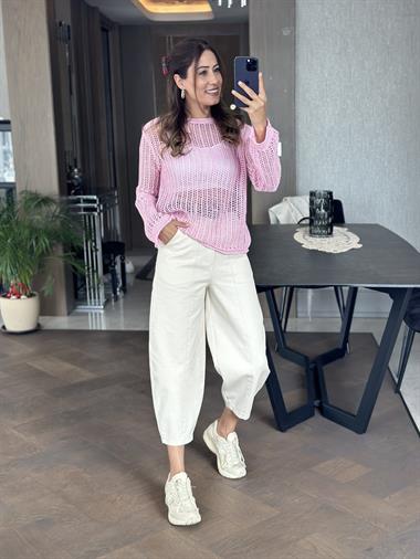 Pembe Bisiklet Yaka File Örgü Triko Kadın Crop Bluz