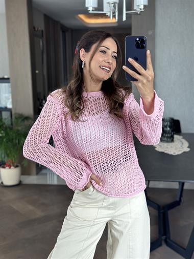 Pembe Bisiklet Yaka File Örgü Triko Kadın Crop Bluz