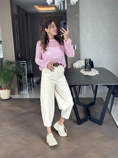 Pembe Bisiklet Yaka File Örgü Triko Kadın Crop Bluz