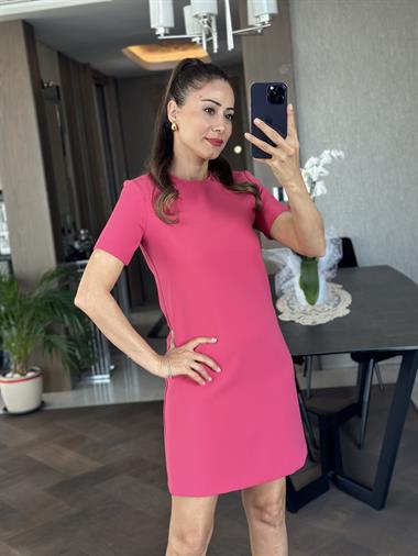 Pembe Bisiklet Yaka Kısa Kol Sırtı Fermuarlı Atlas  Kadın Mini Elbise